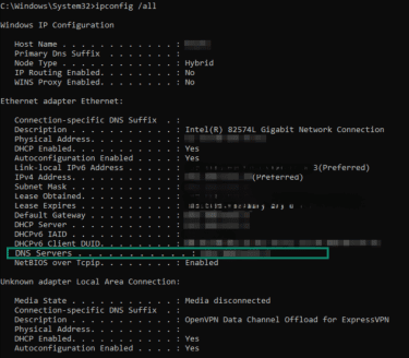 Windows Command Prompt showing ipconfig output with DNS Servers highlighted.
