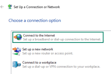 Windows connection setup screen with “Connect to the Internet” highlighted.