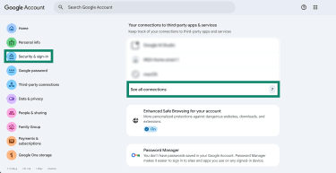 The Security & Sign In window within the Google Account overview, showing a section with associated apps and services.