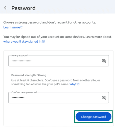 Process of changing the password for a Google account.