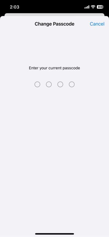 iPhone Change Passcode interface prompting the user to enter their current passcode.