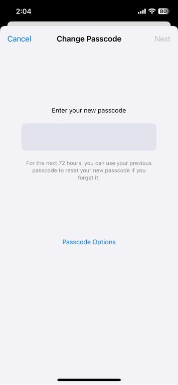 iPhone Change Passcode interface with an empty text field for a custom passcode.