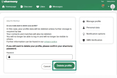 Password field and "Delete profile" option highlighted on the eHarmony website.
