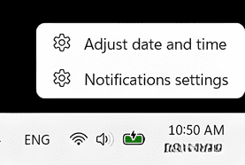 Screenshot showing the Windows taskbar clock. Right-clicking the clock opens a menu where you can select “Adjust date and time.”