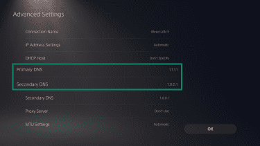 The PS5 Advanced Settings menu, highlighting the fields to input your primary and secondary DNS options.