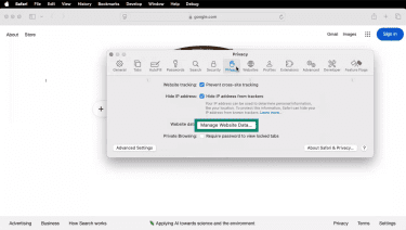 Mac Safari settings open on Privacy tab with Website Data and Manage Website Data option highlighted