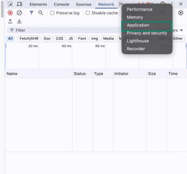 Developer Tools in Chrome, showing the "Application" options in the menu.
