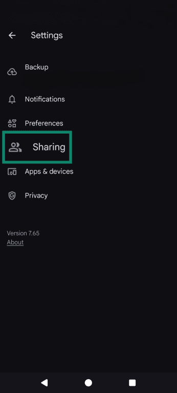 The Google Photos Settings screen, highlighting the Sharing option.
