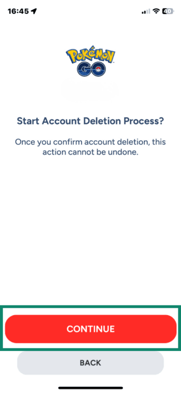 Pokémon GO on iOS showing option to continue with account deletion process