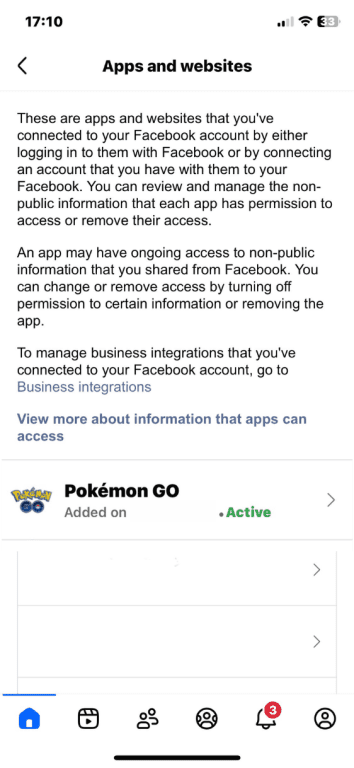 Facebook on iOS with Apps & websites open and Pokémon GO as an available option