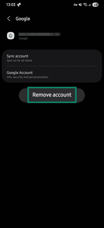 "Remove account" option highlighted in the account settings on an Android.