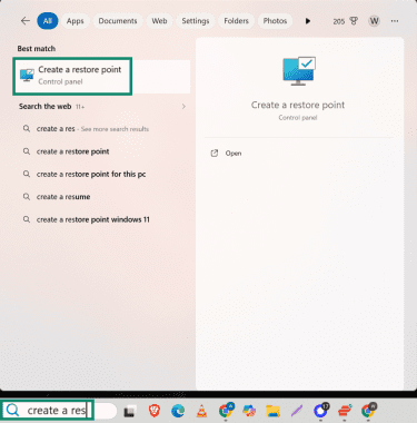 On Windows, where to find "Create a new restore point" before updating drivers.