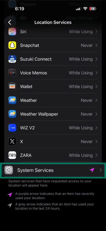 Location Services list with System Services option highlighted.