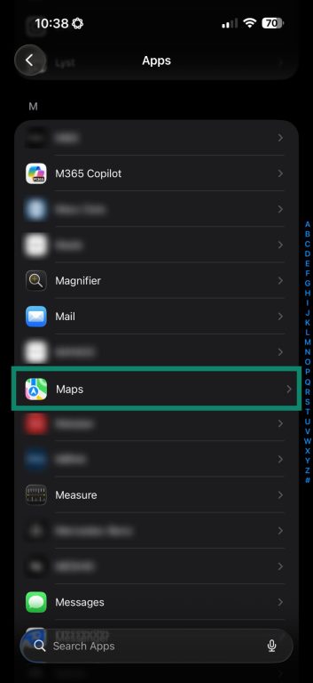 Screenshot of the iOS App Settings menu with Maps  highlighted