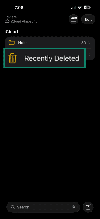 The Recently Deleted folder in the iPhone's Notes app.