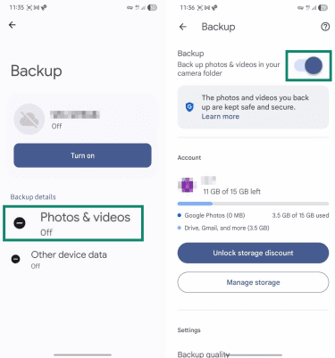 Enabling Google Drive backup.