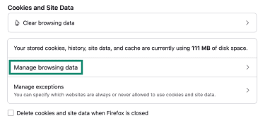 Firefox Cookies and Site Data settings with Manage browsing data highlighted.