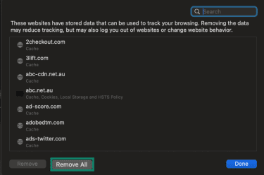 Manage Website Data window in Safari with the Remove All button visible.