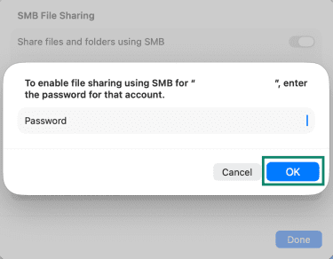 The SMB file sharing password entry window, showing the password entry field and OK button.