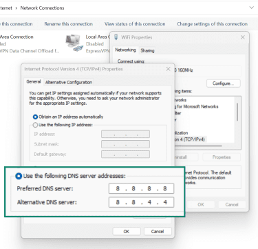 “Internet Protocol Version 4 (TCP/IPv4) Properties” showing DNS set to 8.8.8.8 and 8.8.4.4.