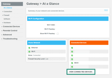 A router admin panel, showing the connected devices box and view connected devices button.